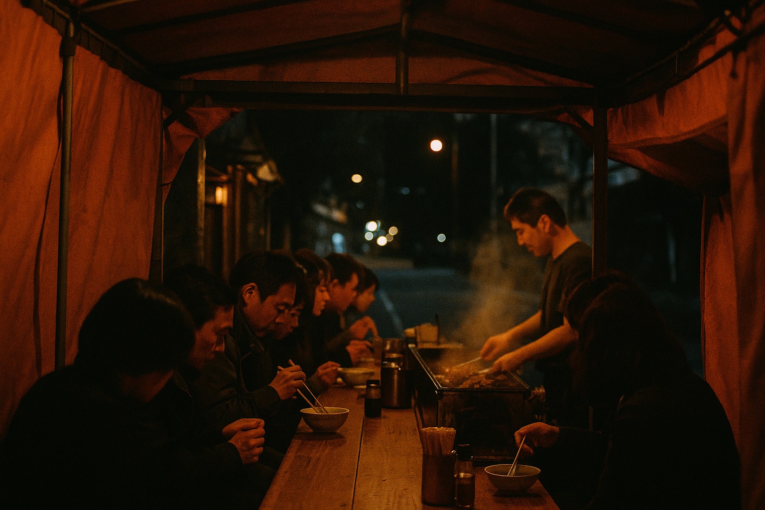 Looking out from inside a Fukuoka yatai stall at night โ diners at the narrow counter
