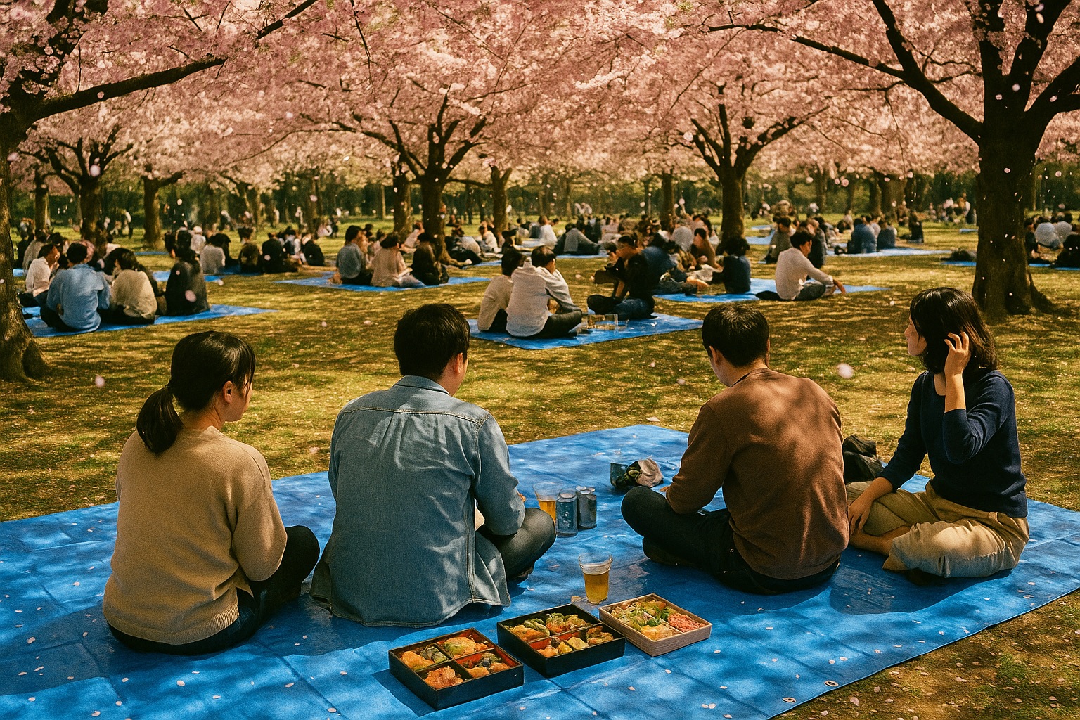 A hanami cherry-blossom picnic on blue tarps under blooming trees